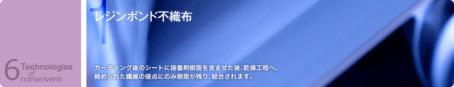 レジンボンド不織布　カーディング後のシートに接着剤樹脂を含ませた後、乾燥工程へ。絡められた繊維の接点にのみ樹脂が残り、結合されます。